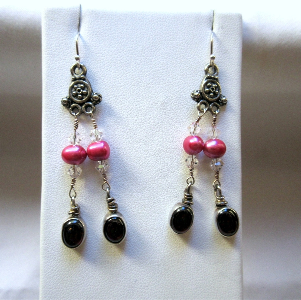 Bohemian Sterling 925 Garnet Pink Freshwater Pearl & Crystal Drop Earring
